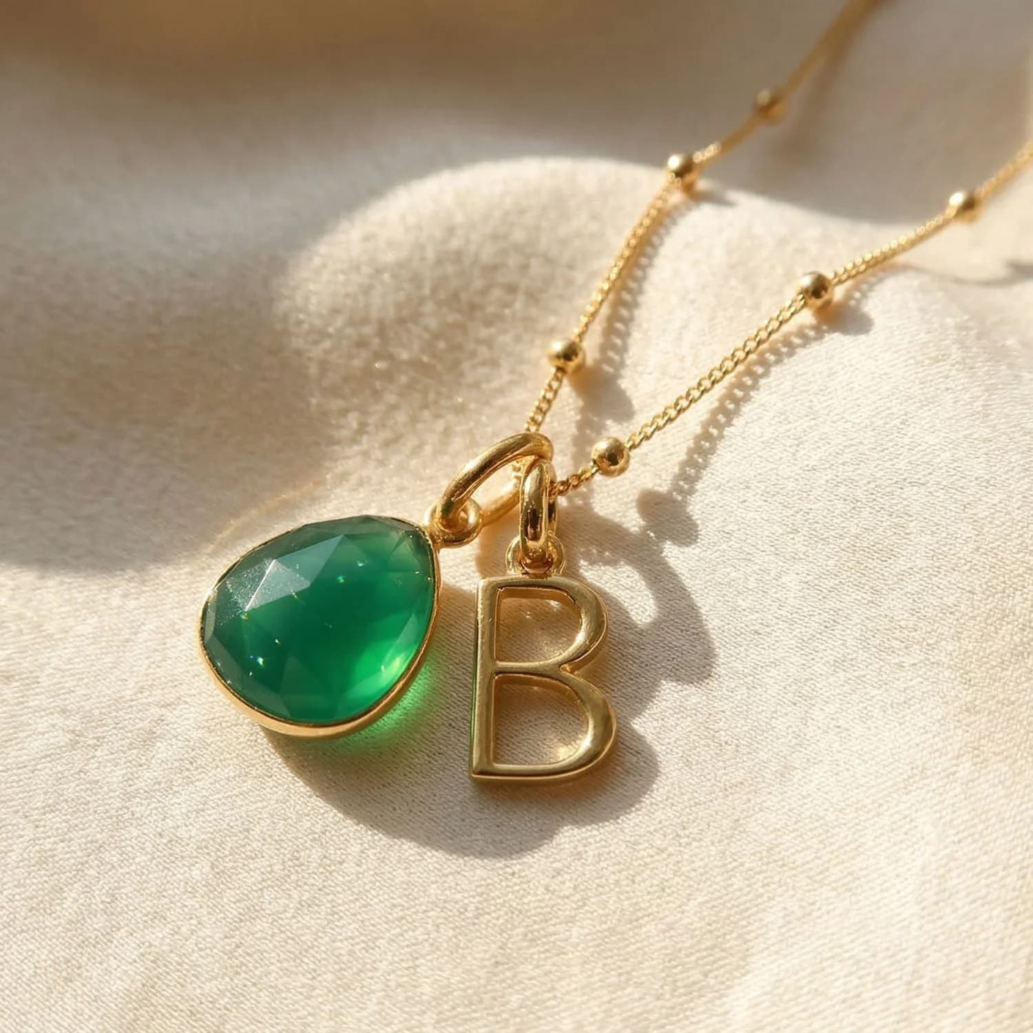 18ct Gold Plated Green Onyx May Birthstone Initial Necklace