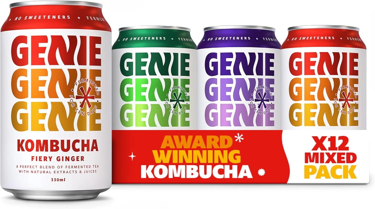 GENIE Kombucha Mixed Pack – Blueberry & Raspberry, Fiery Ginger, and Dry Apple