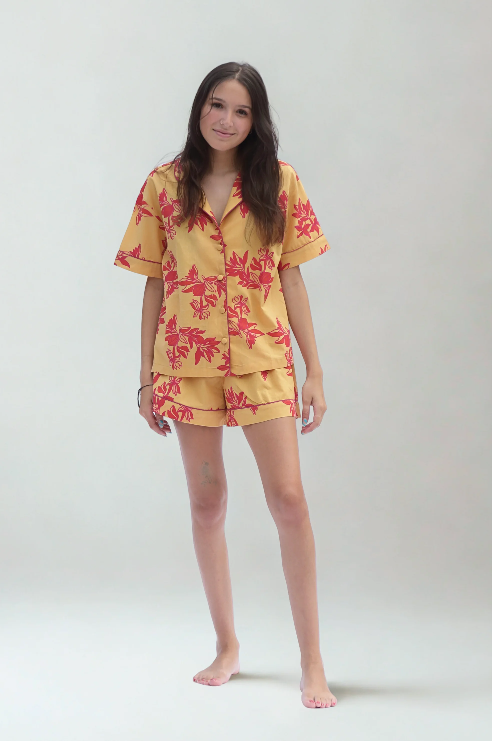 Cartagena Short Sleeve Pyjama Set – Organic Cotton, Yellow & Pink Print